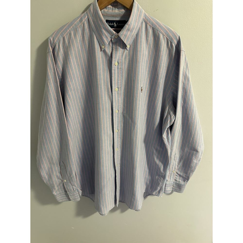 Ralph Lauren Classic Fit button down Men L Salmon Blue White Stripe grandpa 90s